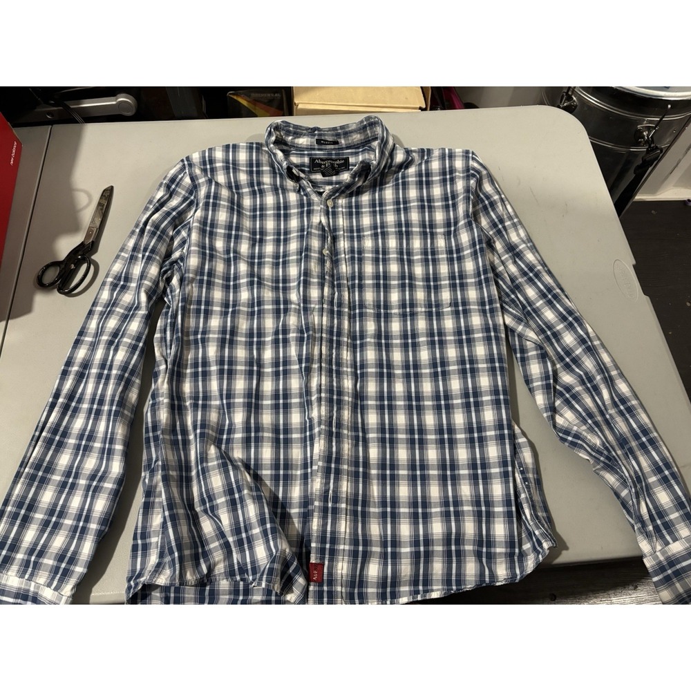 Abercrombie and Fitch Button Down Shirt Mens Large Blue White Plaid Muscle LS